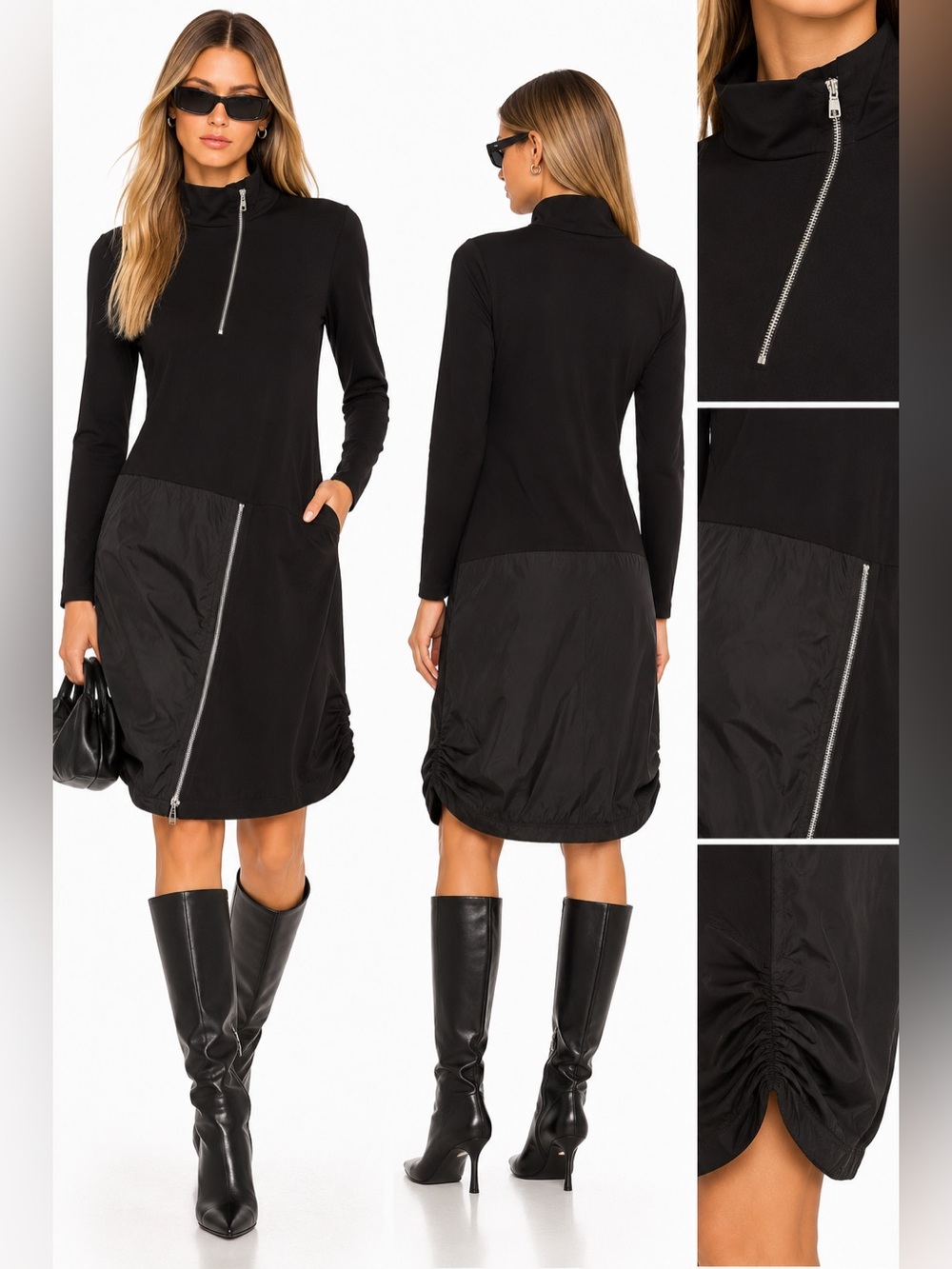 SCAPA Lauren Perre Black Mixed Media Zip Front Dress Tunic High Neck L